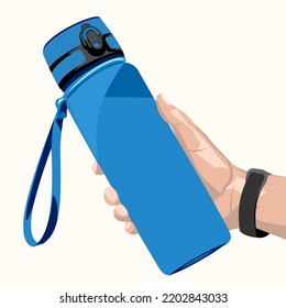 vector illustration of a hand holding a mineral water drinking bottle. blue, orange and gray drinking bottles