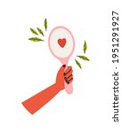 Vector illustration of a hand holding mirror. Concept of self-acceptance and self-love. Hand-drawn illustration of mental health. Peace of mind.