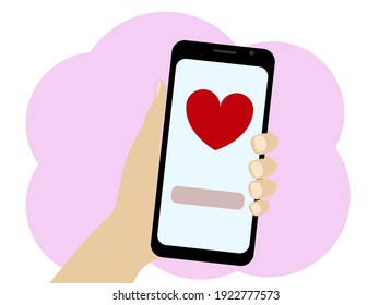 Vector illustration of a hand holding a mobile phone with a red heart image.