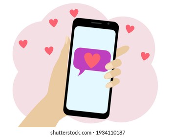Vector illustration of a hand holding a mobile phone with a red heart image.