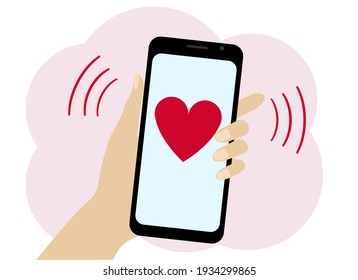 Vector illustration of a hand holding a mobile phone with a red heart image.