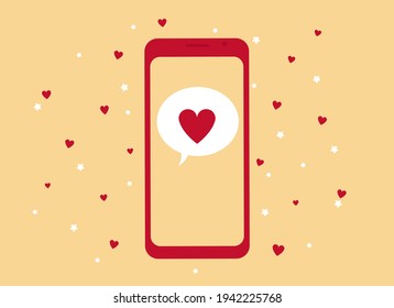 Vector illustration of a hand holding a mobile phone with a red heart image.