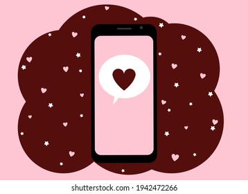 Vektorgrafik einer Hand, die ein Mobiltelefon mit einem roten Herzbild hält.
