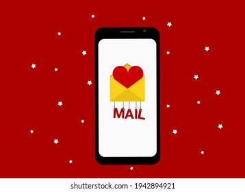 Vector illustration of a hand holding a mobile phone with a red heart image.