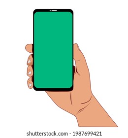 Vector illustration of a hand holding a mobile phone. New chat messages notification on mobile phone