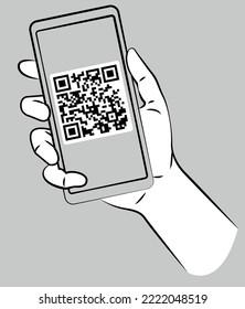 Vektorgrafik einer Hand, die ein Mobiltelefon mit QR-Code hält.