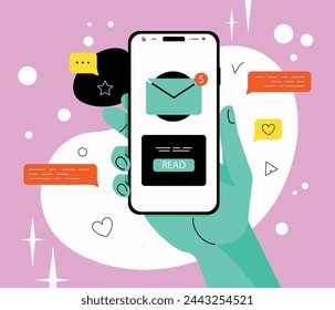 Vector illustration of a hand holding a mobile phone with an unread message icon in vibrant vaporwave 90s style colors.