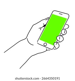 Mano de Ilustración vectorial que sostiene el teléfono móvil con la pantalla verde
