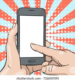 Vector illustration of hand holding mockup smartphone and finger pointing blank screen on pop art background of rays and halftone dots, Illustration in sketch retro style 