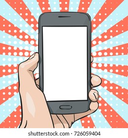 Ilustración vectorial de la mano sujetando la pantalla en blanco del smarckup sobre fondo de arte pop de rayas y puntos de semitono, Ilustración en boceto estilo retro 