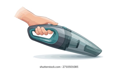 Vector illustration of a hand holding a modern portable handheld vacuum cleaner. Cordless vacuum gadget for cleaning dust isolated on white background