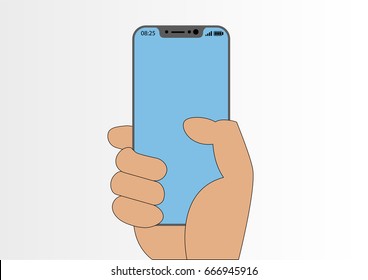 Vector illustration of hand holding modern bezel-free smartphone isolated on white background