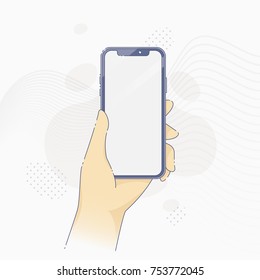Vector illustration of hand holding modern magnifying glass in flat line style. 