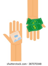 Vector illustration of a hand holding money and another hand holding a plastic bag of pills to represent a transaction of drugs or medicine