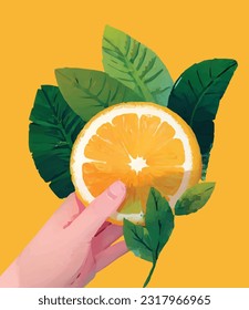 Vektorgrafik, Hand, die eine Orange-Scheibe hält