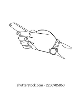 Vector illustration of a hand holding out a phone drawn in line art style