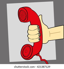 Vector illustration of a hand holding out a retro style red telephone for someone to listen and take the call
