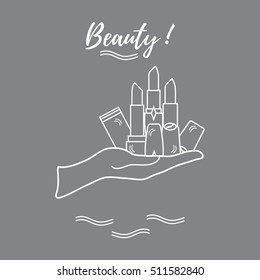 Vector illustration with hand holding out a various tubes of  lipstick. Glamour fashion vogue style. 