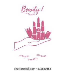 Vector illustration with hand holding out a various tubes of  lipstick. Glamour fashion vogue style. 