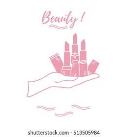 Vector illustration with hand holding out a various tubes of  lipstick. Glamour fashion vogue style. 