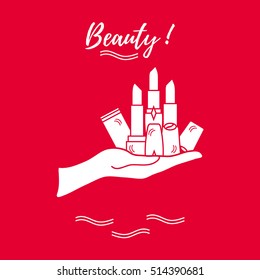 Vector illustration with hand holding out a various tubes of  lipstick. Glamour fashion vogue style. 