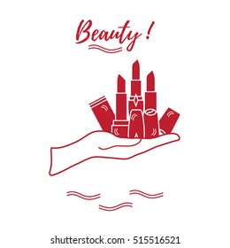 Vector illustration with hand holding out a various tubes of  lipstick. Glamour fashion vogue style. 