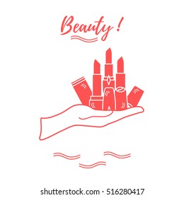 Vector illustration with hand holding out a various tubes of  lipstick. Glamour fashion vogue style. 