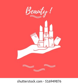 Vector illustration with hand holding out a various tubes of  lipstick. Glamour fashion vogue style. 