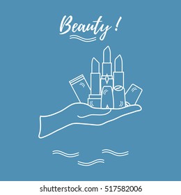 Vector illustration with hand holding out a various tubes of  lipstick. Glamour fashion vogue style. 