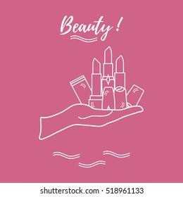 Vector illustration with hand holding out a various tubes of  lipstick. Glamour fashion vogue style. 