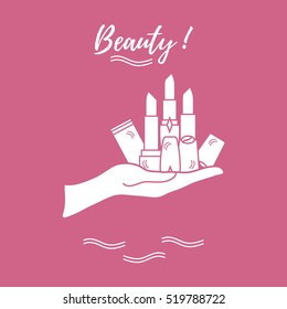 Vector illustration with hand holding out a various tubes of  lipstick. Glamour fashion vogue style. 