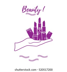 Vector illustration with hand holding out a various tubes of  lipstick. Glamour fashion vogue style. 