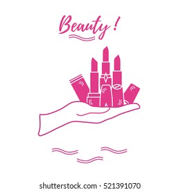 Vector illustration with hand holding out a various tubes of  lipstick. Glamour fashion vogue style. 
