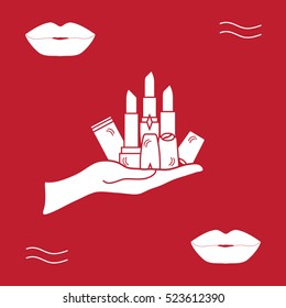 Vector illustration with hand holding out a various tubes of  lipstick. Glamour fashion vogue style. 