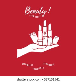 Vector illustration with hand holding out a various tubes of  lipstick. Glamour fashion vogue style. 