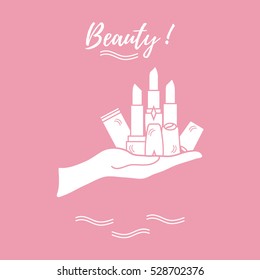 Vector illustration with hand holding out a various tubes of  lipstick. Glamour fashion vogue style. 