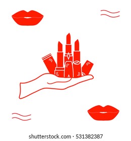 Vector illustration with hand holding out a various tubes of  lipstick. Glamour fashion vogue style. 
