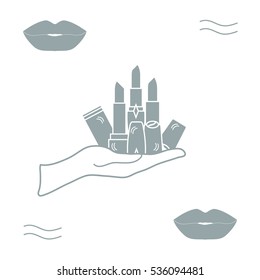 Vector illustration with hand holding out a various tubes of  lipstick. Glamour fashion vogue style. 