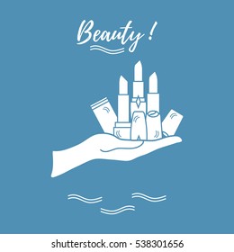 Vector illustration with hand holding out a various tubes of  lipstick. Glamour fashion vogue style. 
