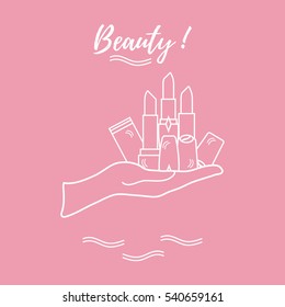 Vector illustration with hand holding out a various tubes of  lipstick. Glamour fashion vogue style. 