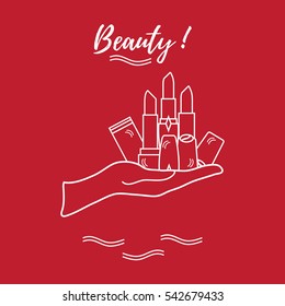 Vector illustration with hand holding out a various tubes of  lipstick. Glamour fashion vogue style. 