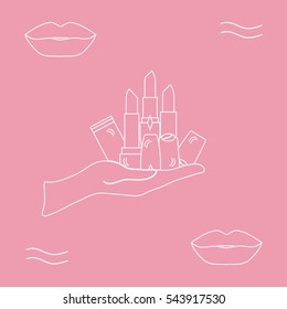 Vector illustration with hand holding out a various tubes of  lipstick. Glamour fashion vogue style. 