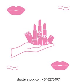 Vector illustration with hand holding out a various tubes of  lipstick. Glamour fashion vogue style. 