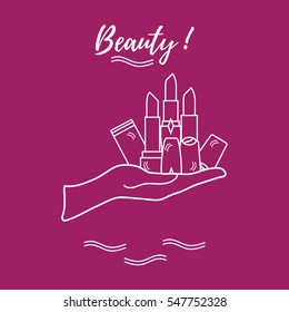 Vector illustration with hand holding out a various tubes of  lipstick. Glamour fashion vogue style. 
