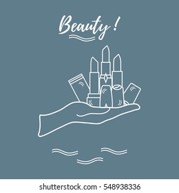 Vector illustration with hand holding out a various tubes of  lipstick. Glamour fashion vogue style. 