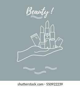 Vector illustration with hand holding out a various tubes of  lipstick. Glamour fashion vogue style. 