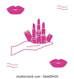 Vector illustration with hand holding out a various tubes of  lipstick. Glamour fashion vogue style. 