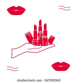 Vector illustration with hand holding out a various tubes of  lipstick. Glamour fashion vogue style. 