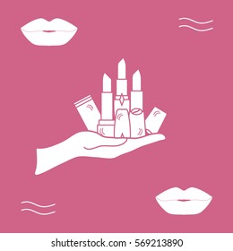 Vector illustration with hand holding out a various tubes of  lipstick. Glamour fashion vogue style. 