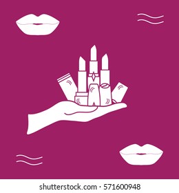 Vector illustration with hand holding out a various tubes of  lipstick. Glamour fashion vogue style. 
